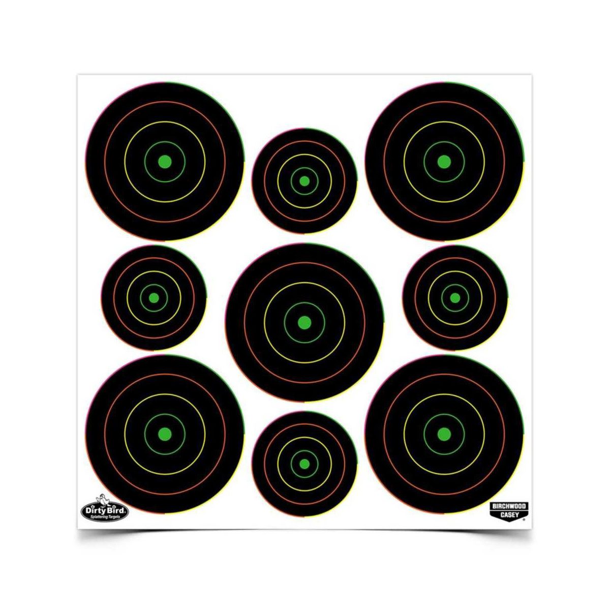 BIRCHWOOD CASEY DIRTY BIRD 2 AND 3IN MULTI-COLOR BULLSEYE TARGETS 20 PACK main photo.